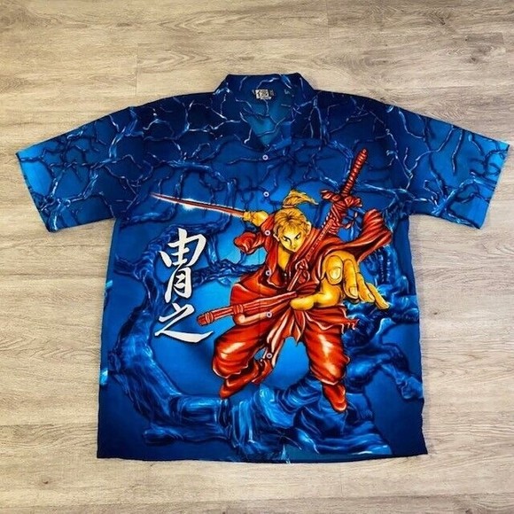 Vintage Anime Korean Button Down Hawaiian Shirt Lightning Blue Mens XXL 2XL - Picture 1 of 3